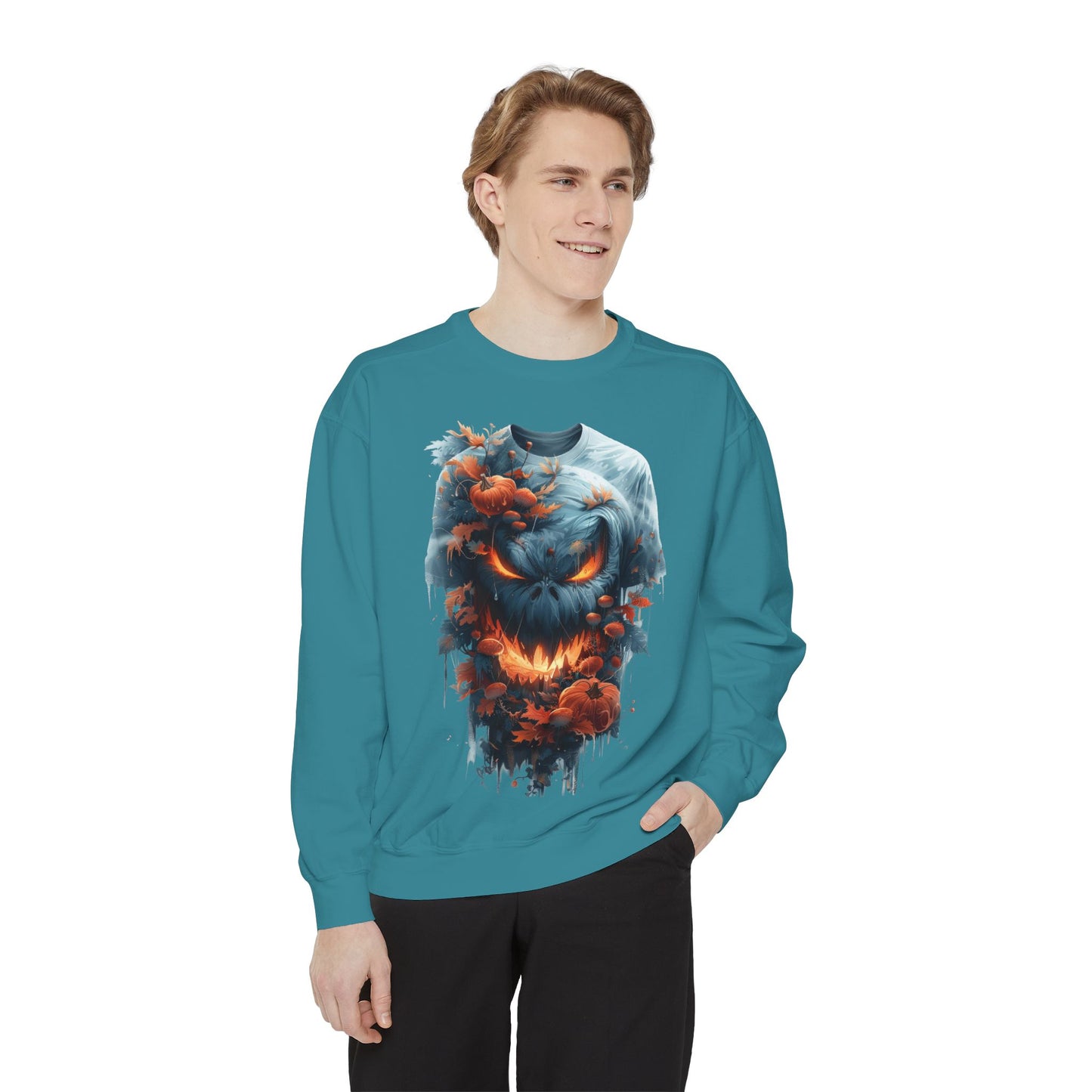 Unisex Garment-Dyed Sweatshirt with spooky and creepy vibe