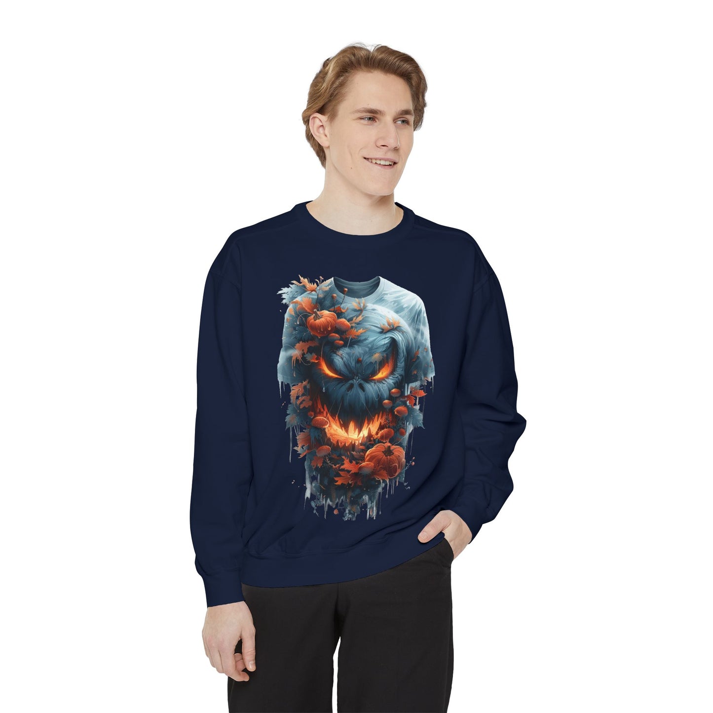 Unisex Garment-Dyed Sweatshirt with spooky and creepy vibe