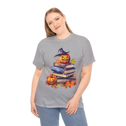 Halloween Book Lover Tee, Unisex Heavy Cotton Tee, Fall Festival Shirt, Pumpkin Spice Apparel, Teacher Gift, Autumn T-Shirt