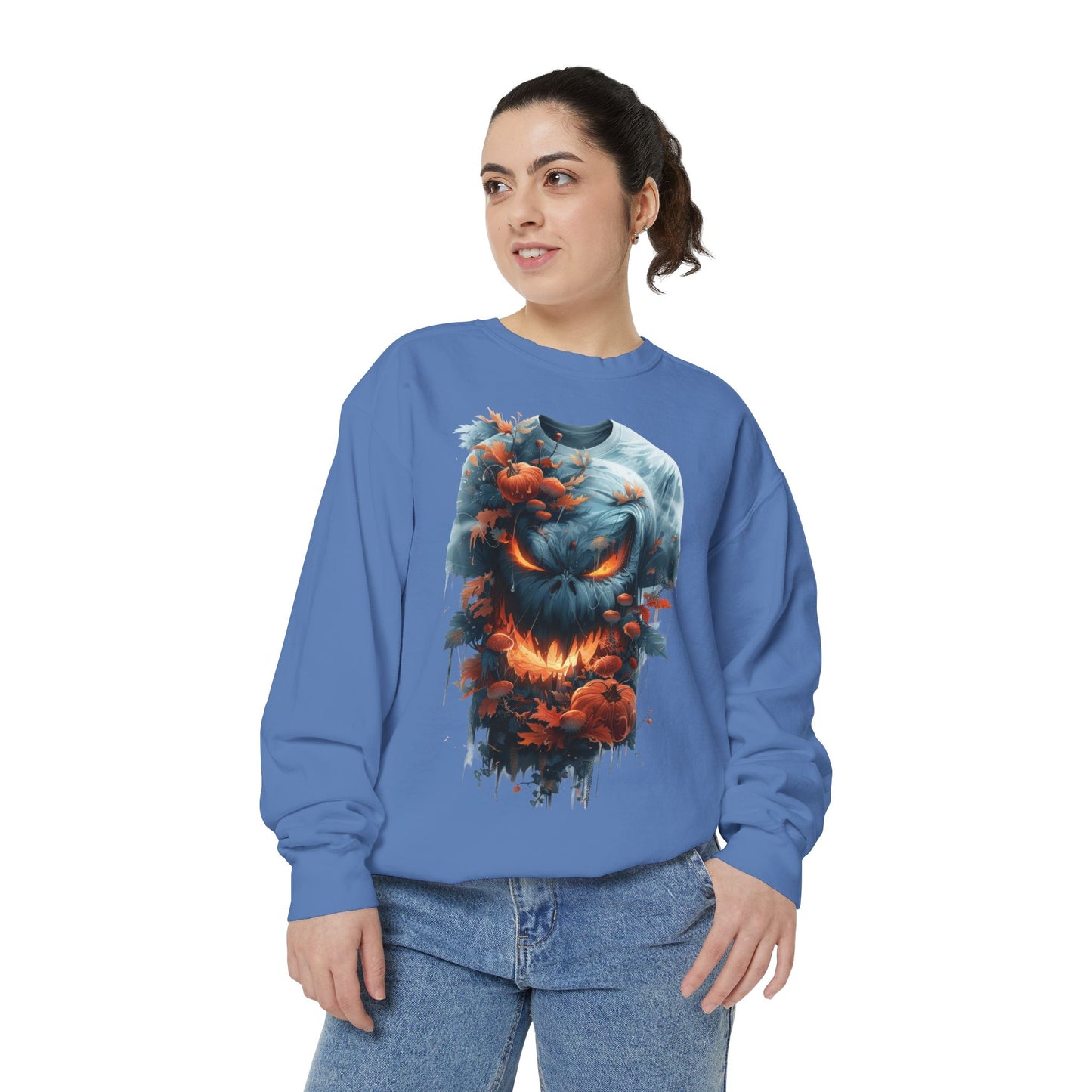 Unisex Garment-Dyed Sweatshirt with spooky and creepy vibe