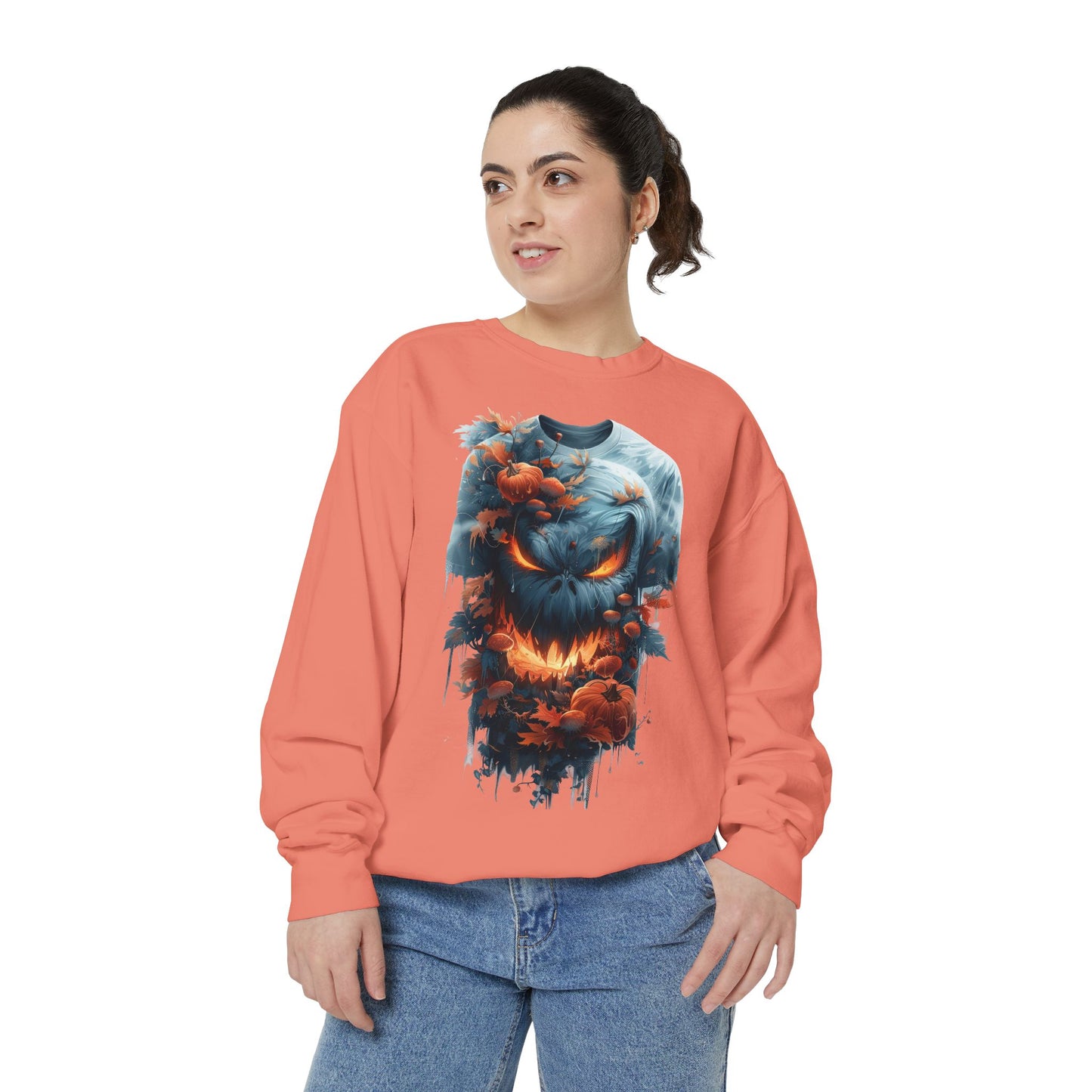 Unisex Garment-Dyed Sweatshirt with spooky and creepy vibe
