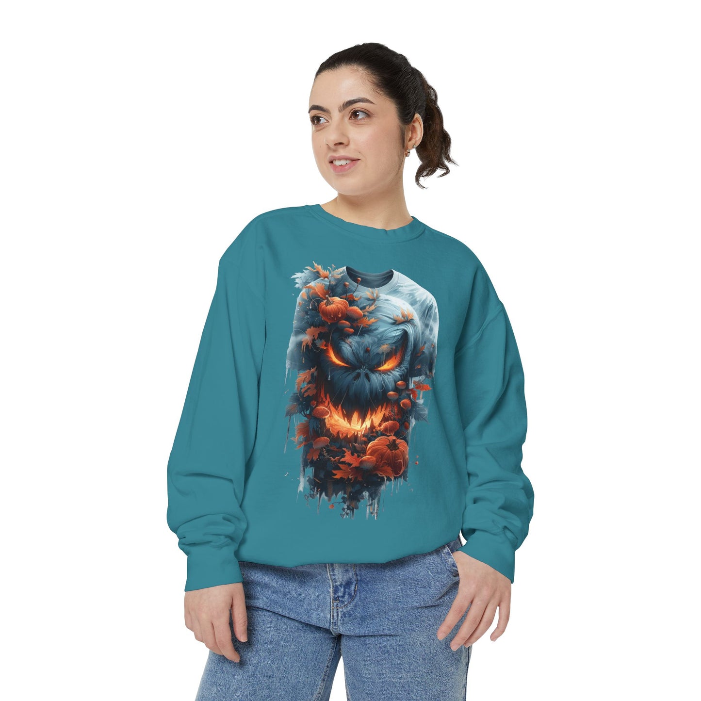 Unisex Garment-Dyed Sweatshirt with spooky and creepy vibe