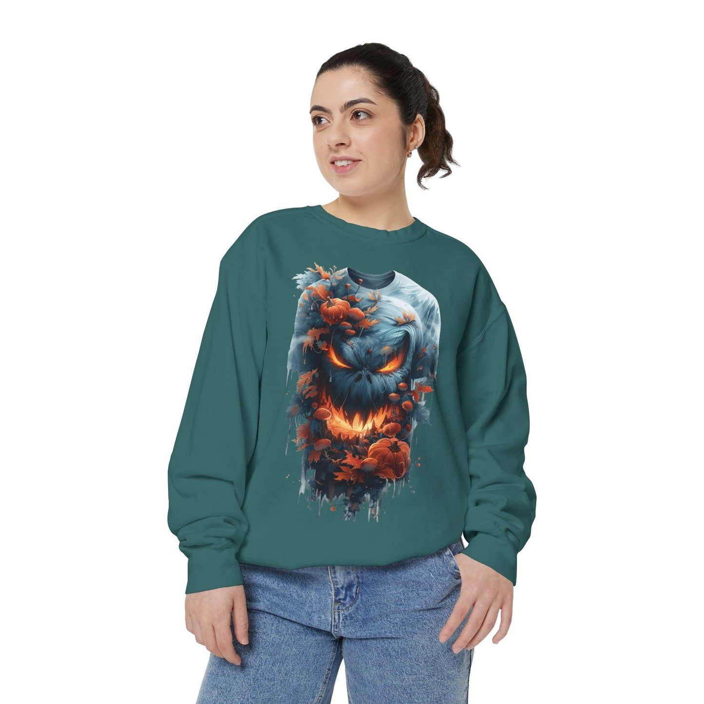 Unisex Garment-Dyed Sweatshirt with spooky and creepy vibe
