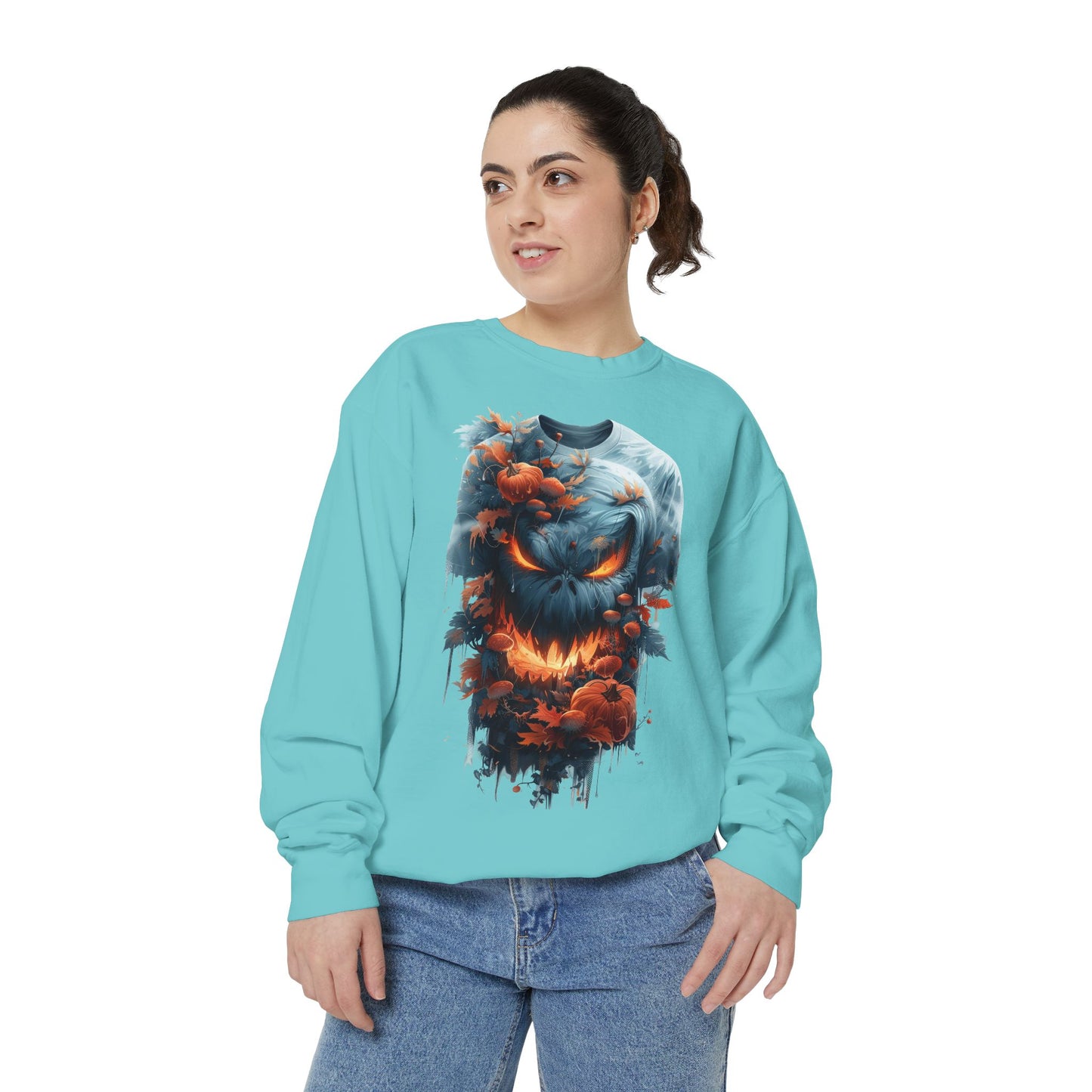 Unisex Garment-Dyed Sweatshirt with spooky and creepy vibe