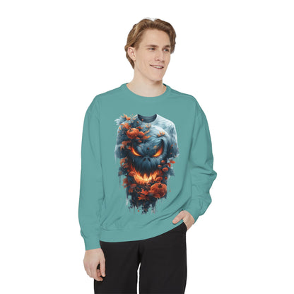Unisex Garment-Dyed Sweatshirt with spooky and creepy vibe