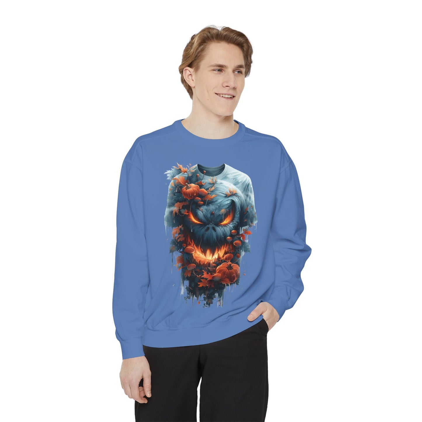 Unisex Garment-Dyed Sweatshirt with spooky and creepy vibe