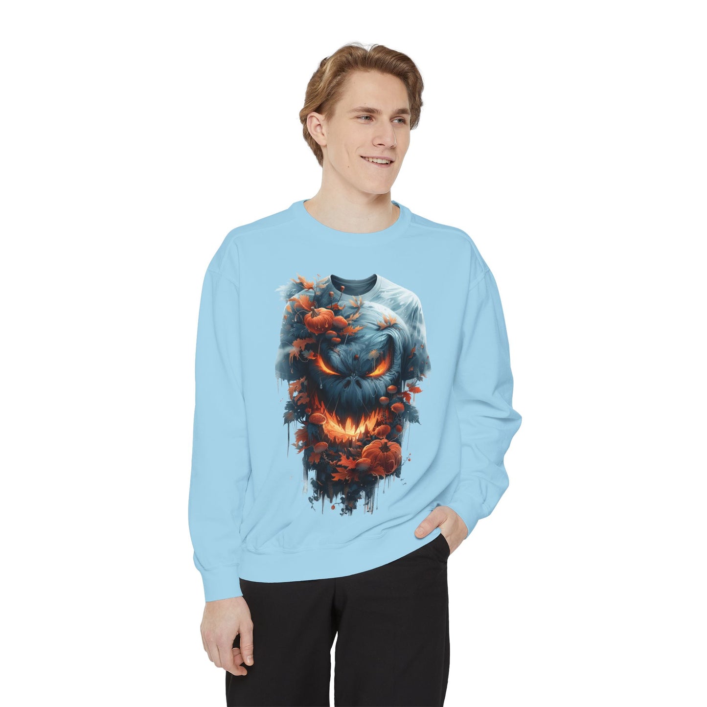 Unisex Garment-Dyed Sweatshirt with spooky and creepy vibe