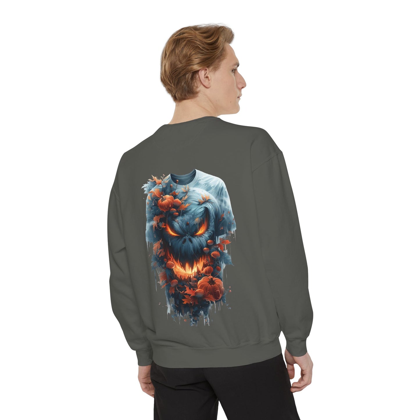 Unisex Garment-Dyed Sweatshirt with spooky and creepy vibe