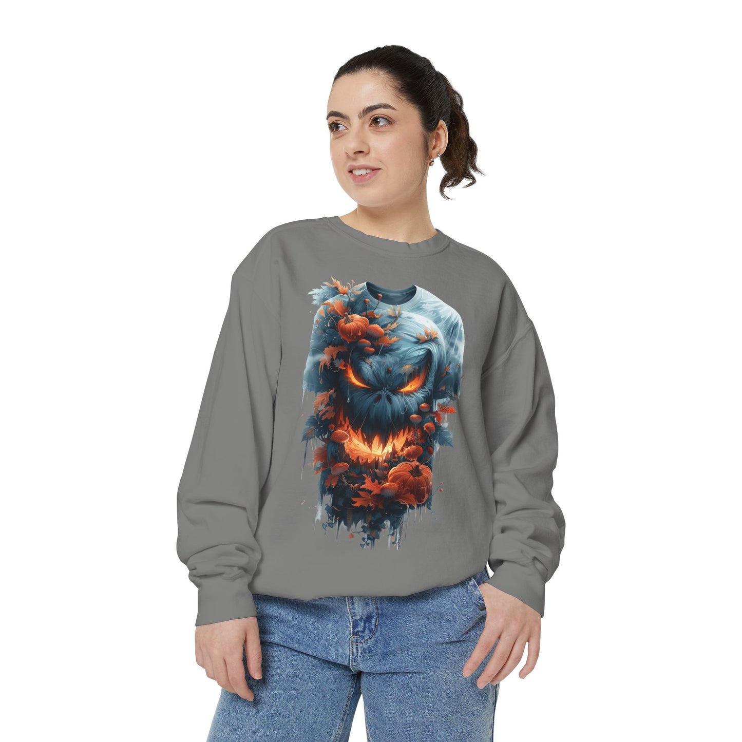 Unisex Garment-Dyed Sweatshirt with spooky and creepy vibe