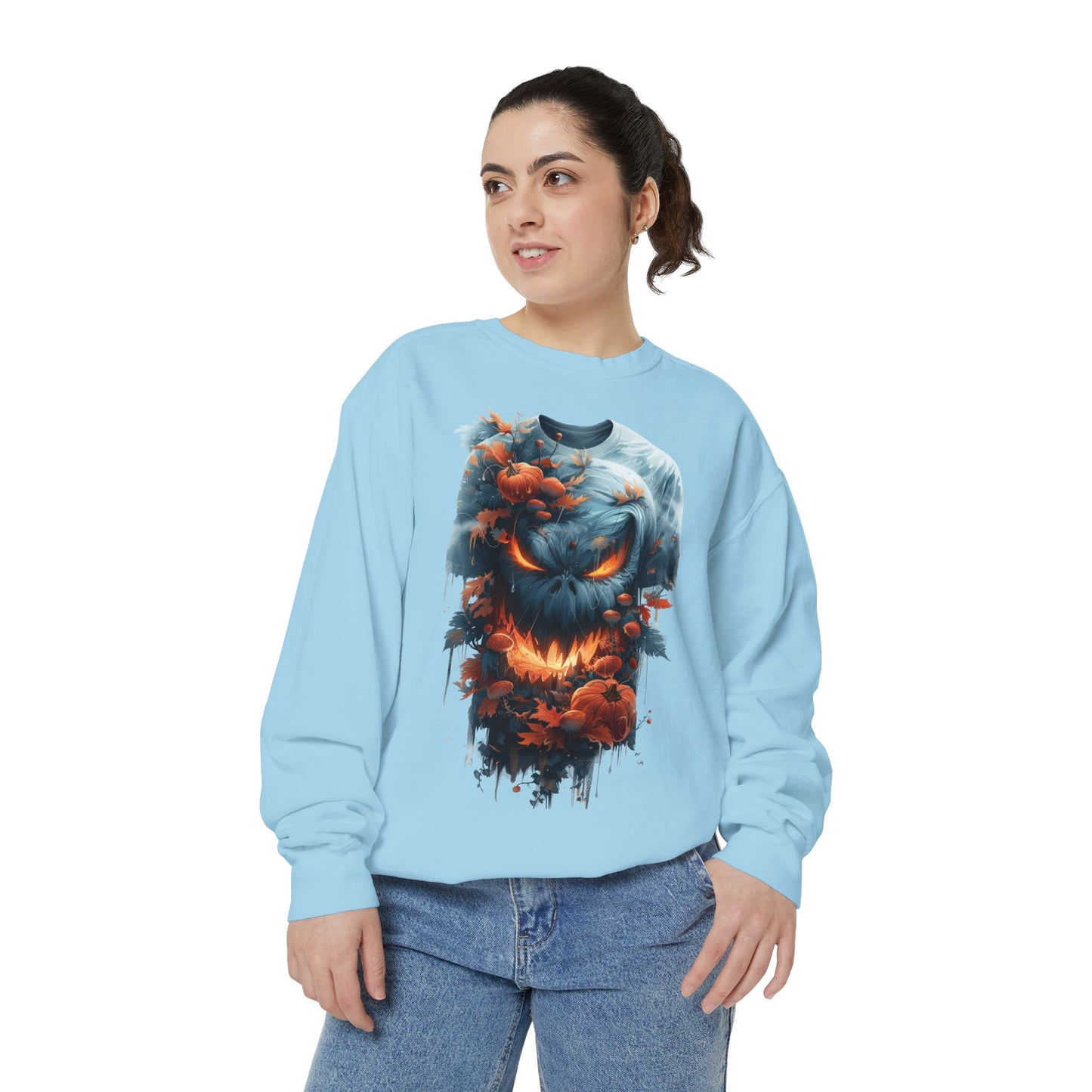 Unisex Garment-Dyed Sweatshirt with spooky and creepy vibe
