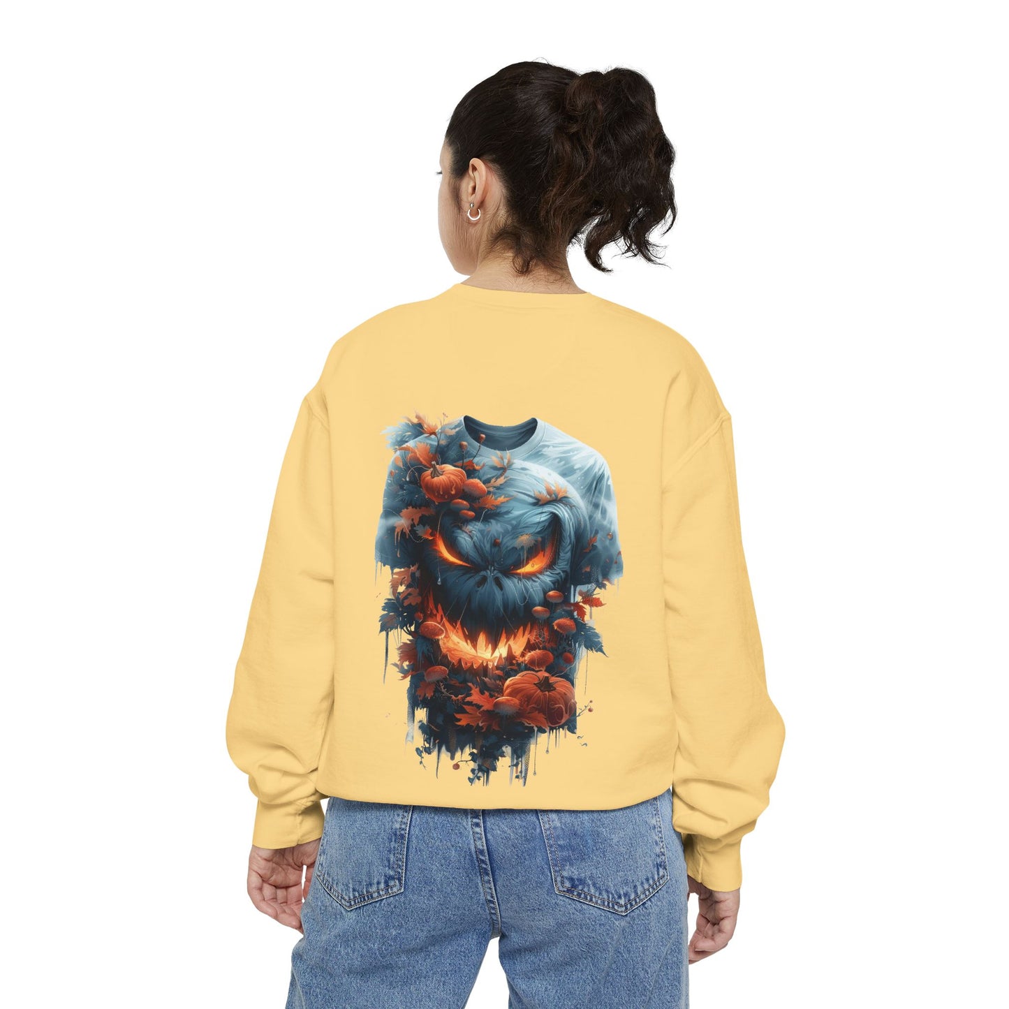 Unisex Garment-Dyed Sweatshirt with spooky and creepy vibe