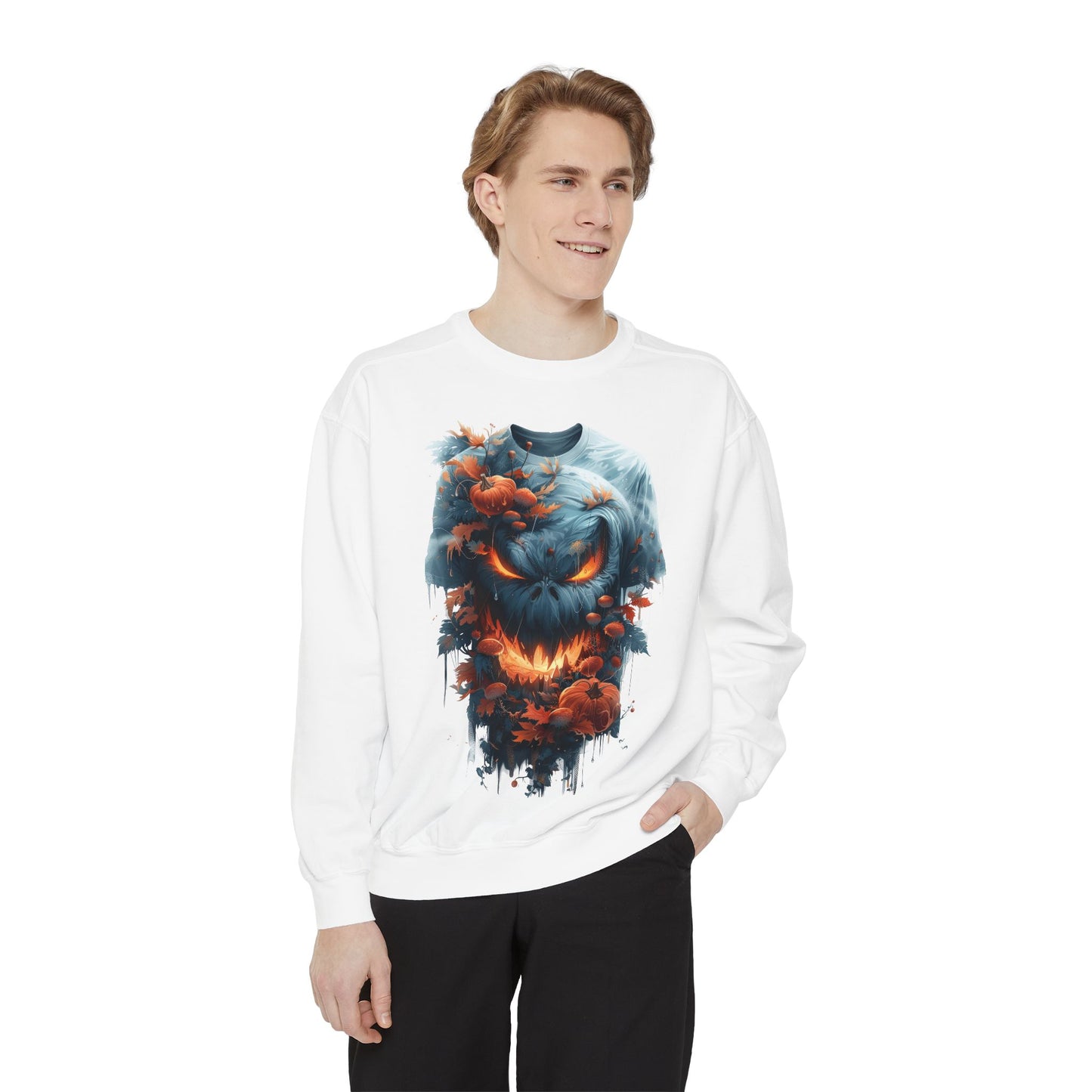 Unisex Garment-Dyed Sweatshirt with spooky and creepy vibe