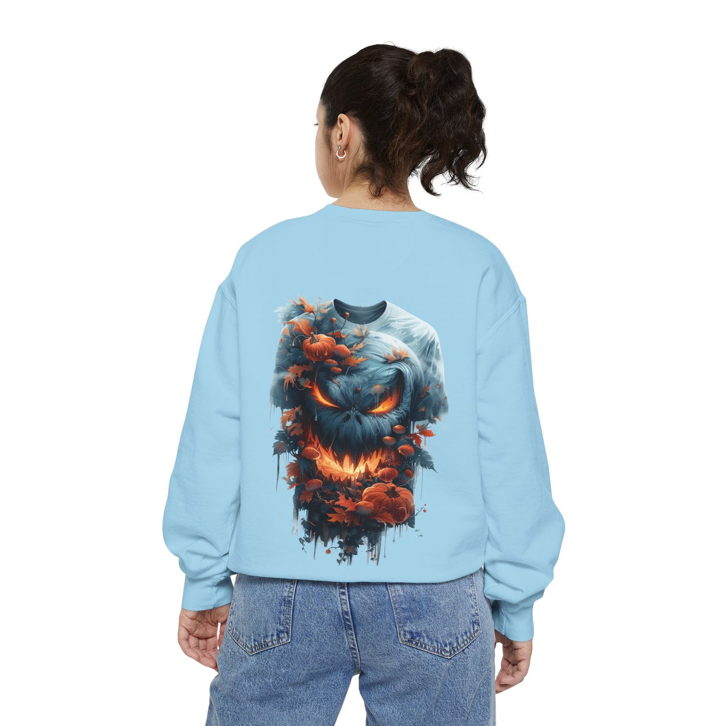 Unisex Garment-Dyed Sweatshirt with spooky and creepy vibe