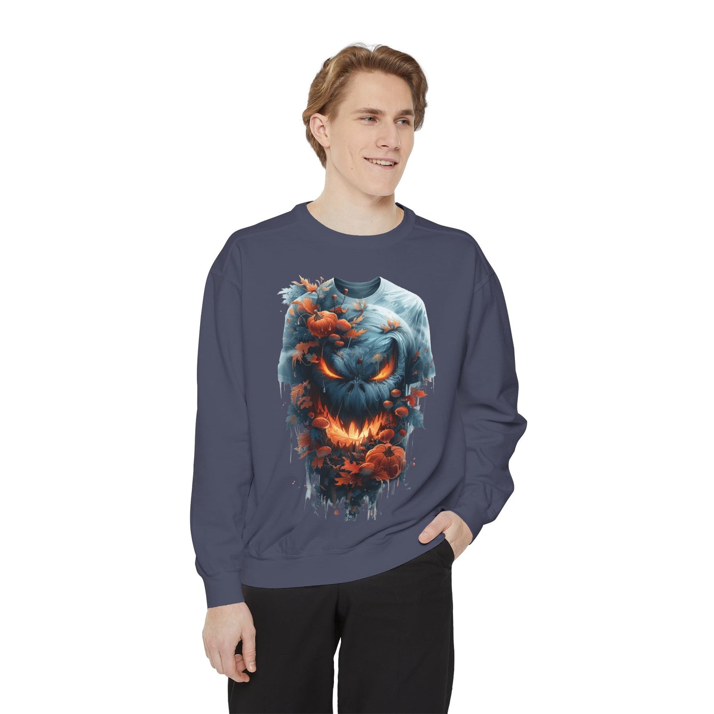 Unisex Garment-Dyed Sweatshirt with spooky and creepy vibe