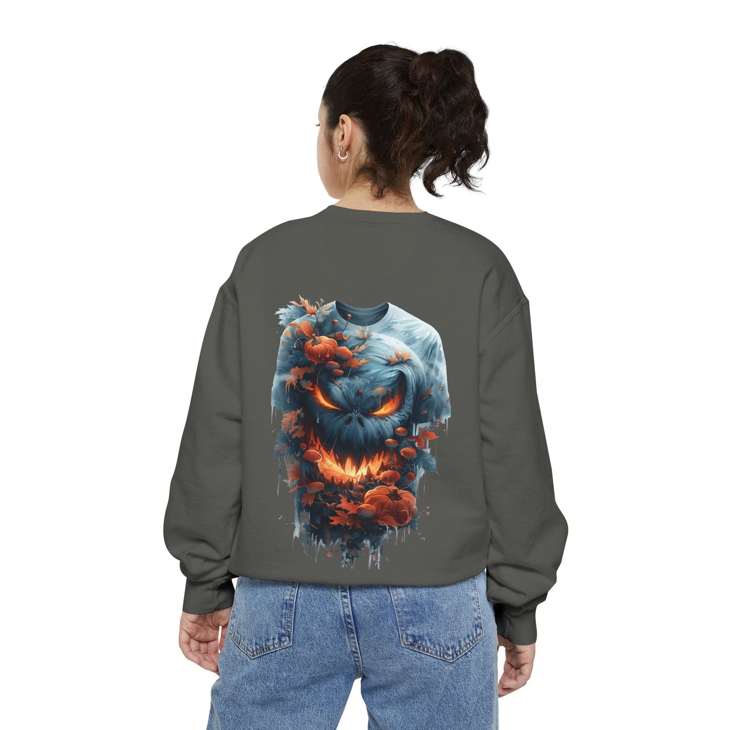 Unisex Garment-Dyed Sweatshirt with spooky and creepy vibe