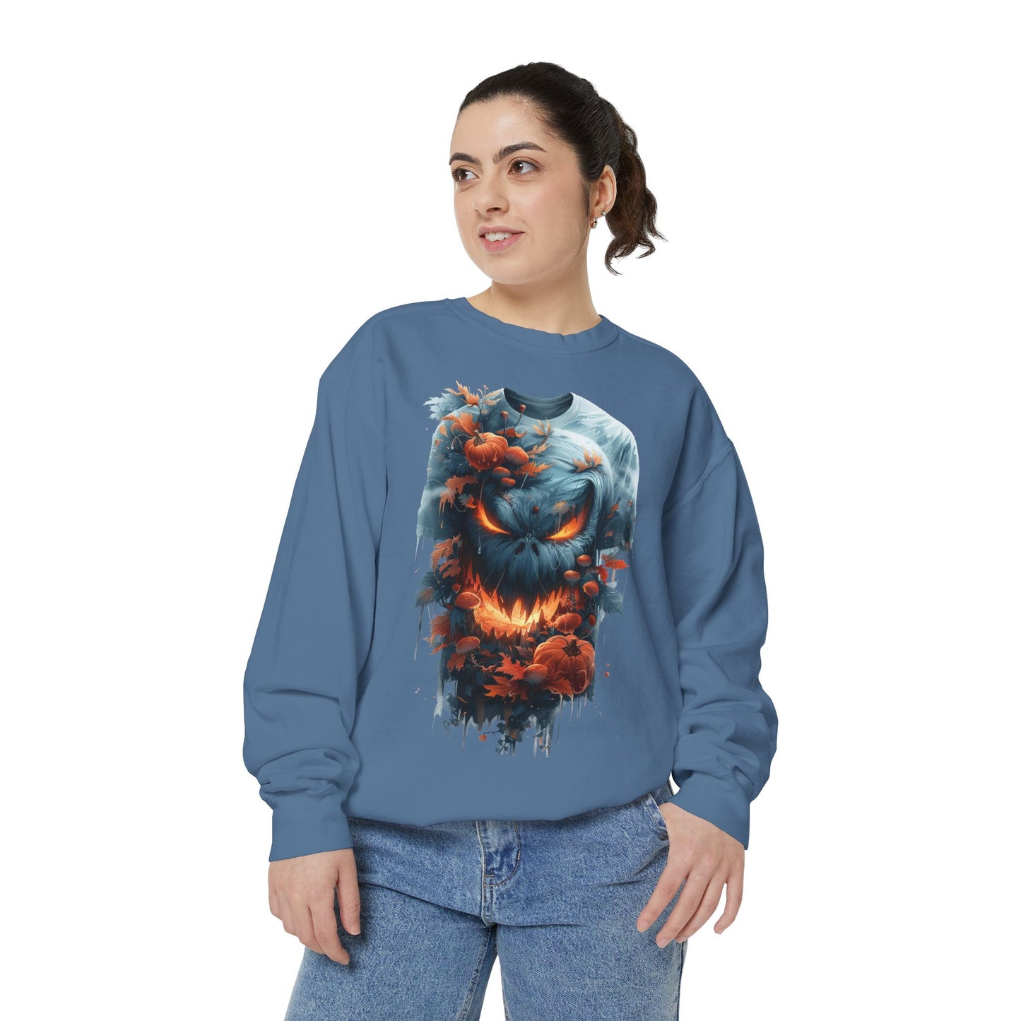 Unisex Garment-Dyed Sweatshirt with spooky and creepy vibe