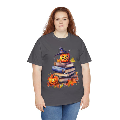 Halloween Book Lover Tee, Unisex Heavy Cotton Tee, Fall Festival Shirt, Pumpkin Spice Apparel, Teacher Gift, Autumn T-Shirt