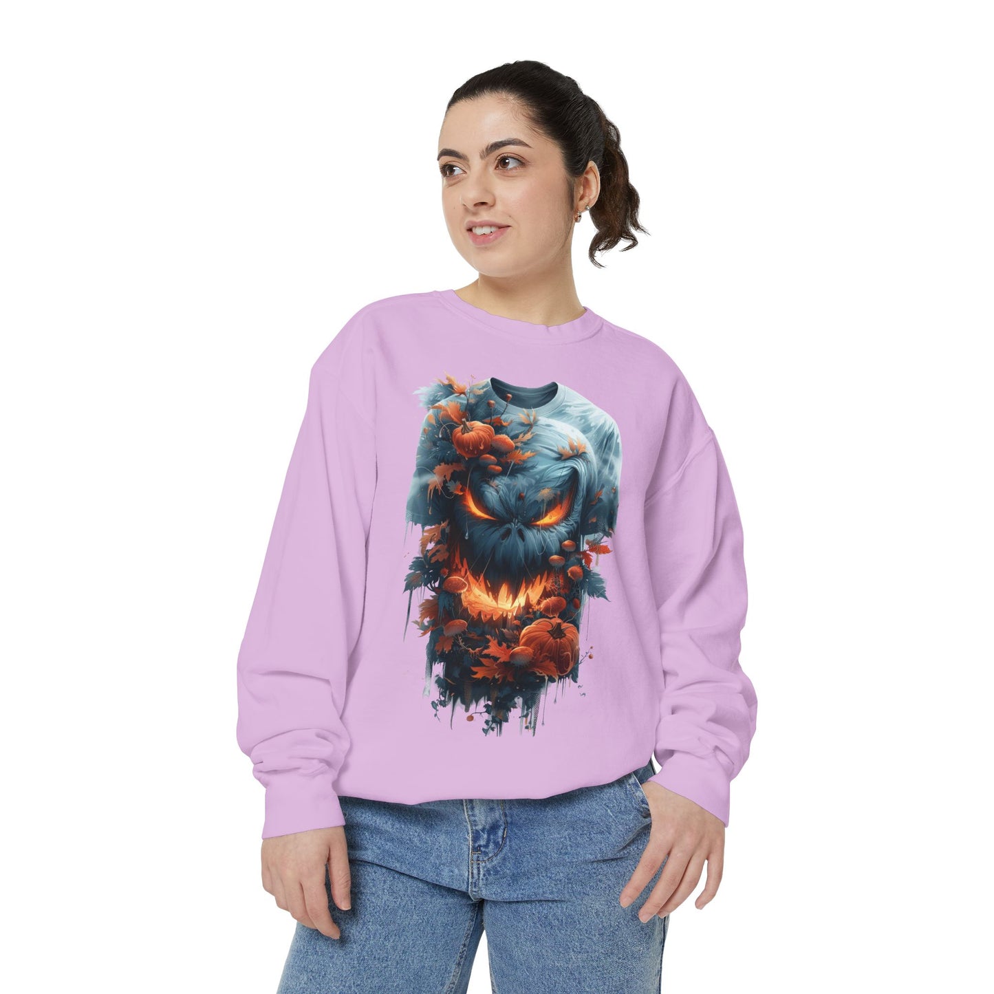 Unisex Garment-Dyed Sweatshirt with spooky and creepy vibe