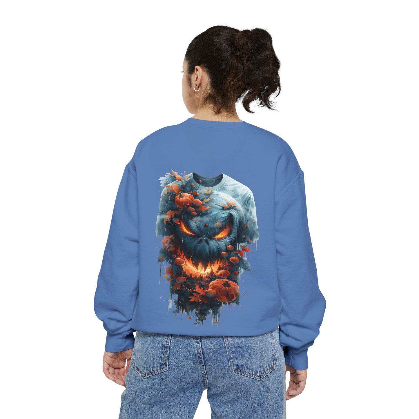 Unisex Garment-Dyed Sweatshirt with spooky and creepy vibe