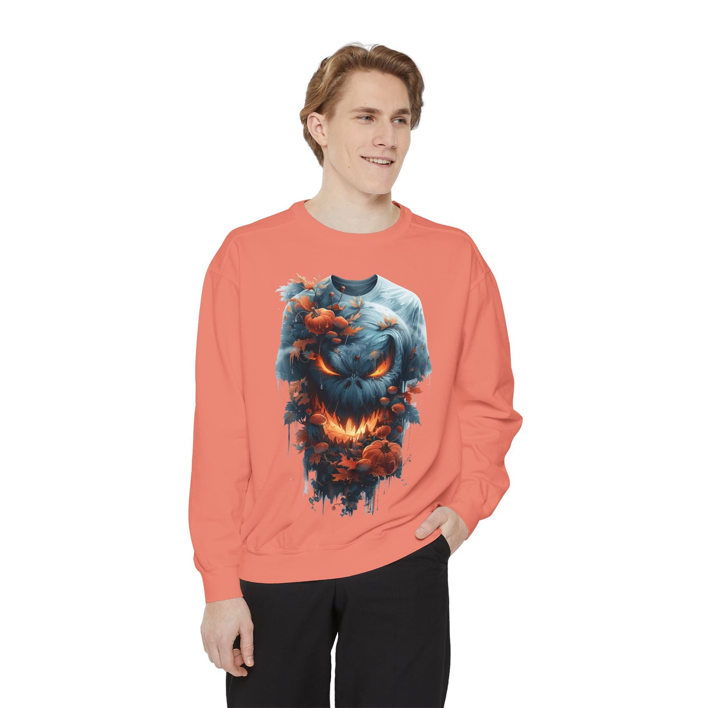 Unisex Garment-Dyed Sweatshirt with spooky and creepy vibe