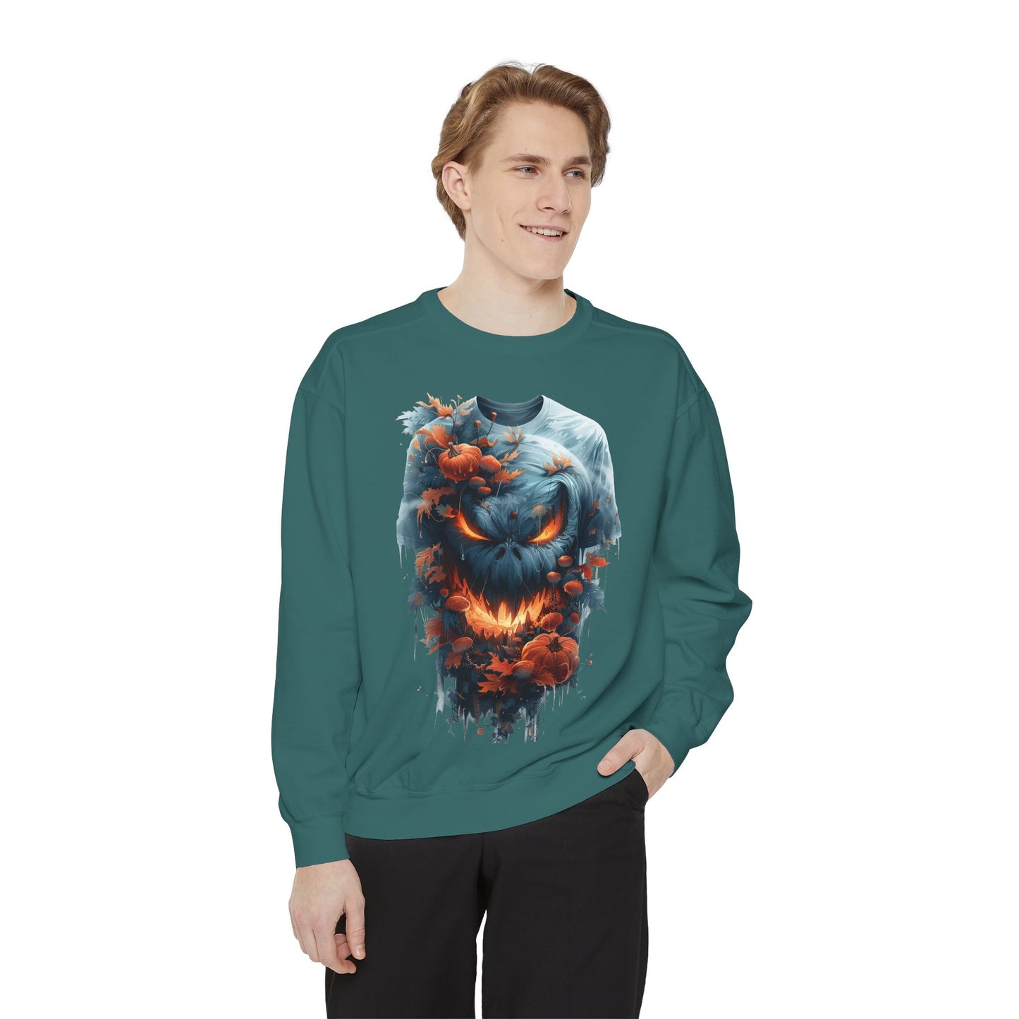 Unisex Garment-Dyed Sweatshirt with spooky and creepy vibe