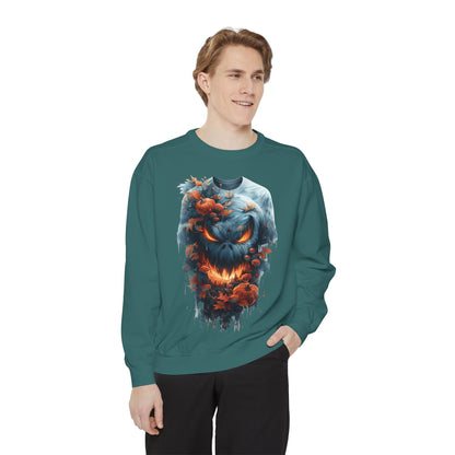 Unisex Garment-Dyed Sweatshirt with spooky and creepy vibe