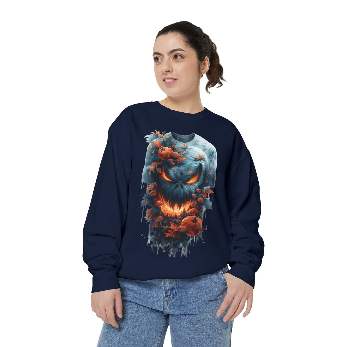 Unisex Garment-Dyed Sweatshirt with spooky and creepy vibe