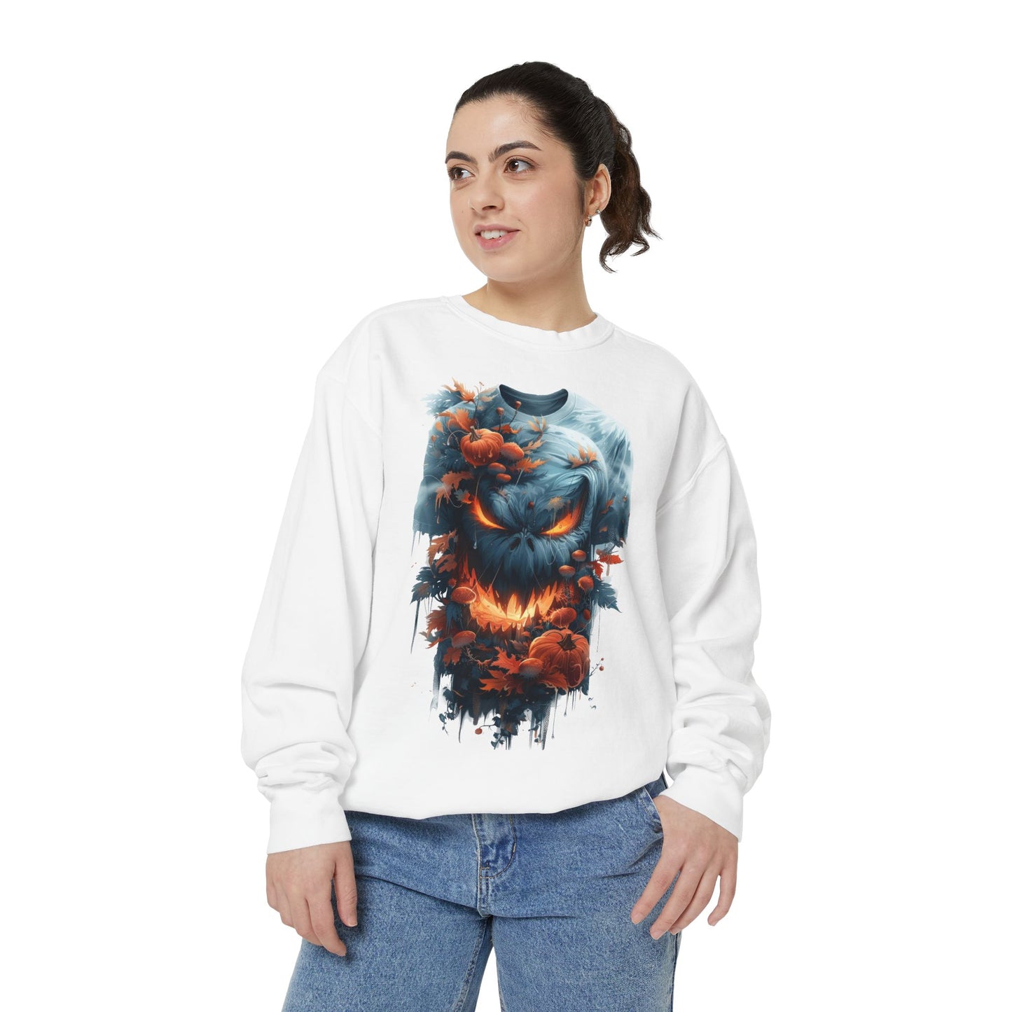 Unisex Garment-Dyed Sweatshirt with spooky and creepy vibe