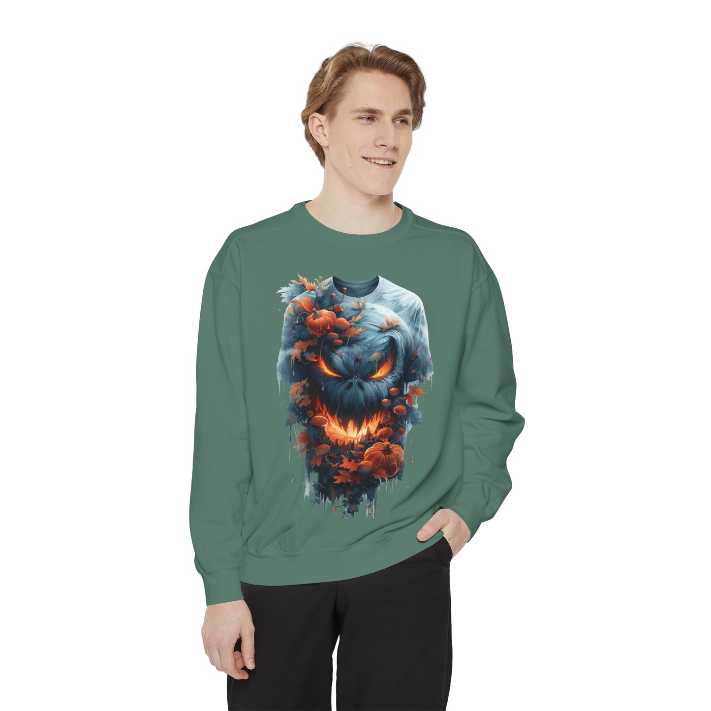 Unisex Garment-Dyed Sweatshirt with spooky and creepy vibe