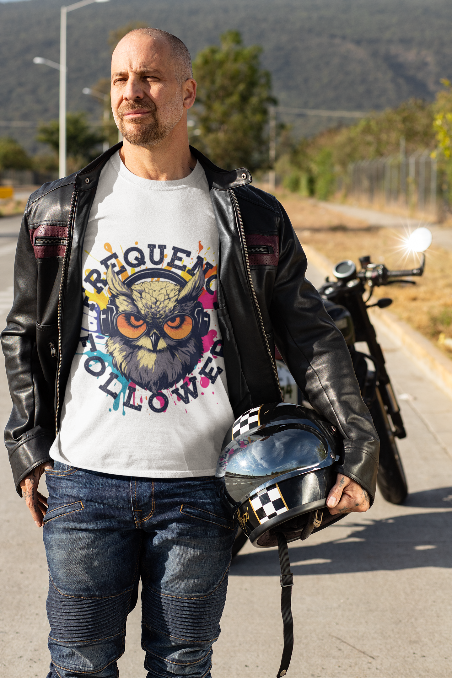 Tshirt or poster design with a owl listening to music on headphones