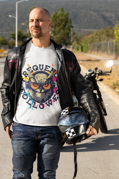 Tshirt or poster design with a owl listening to music on headphones