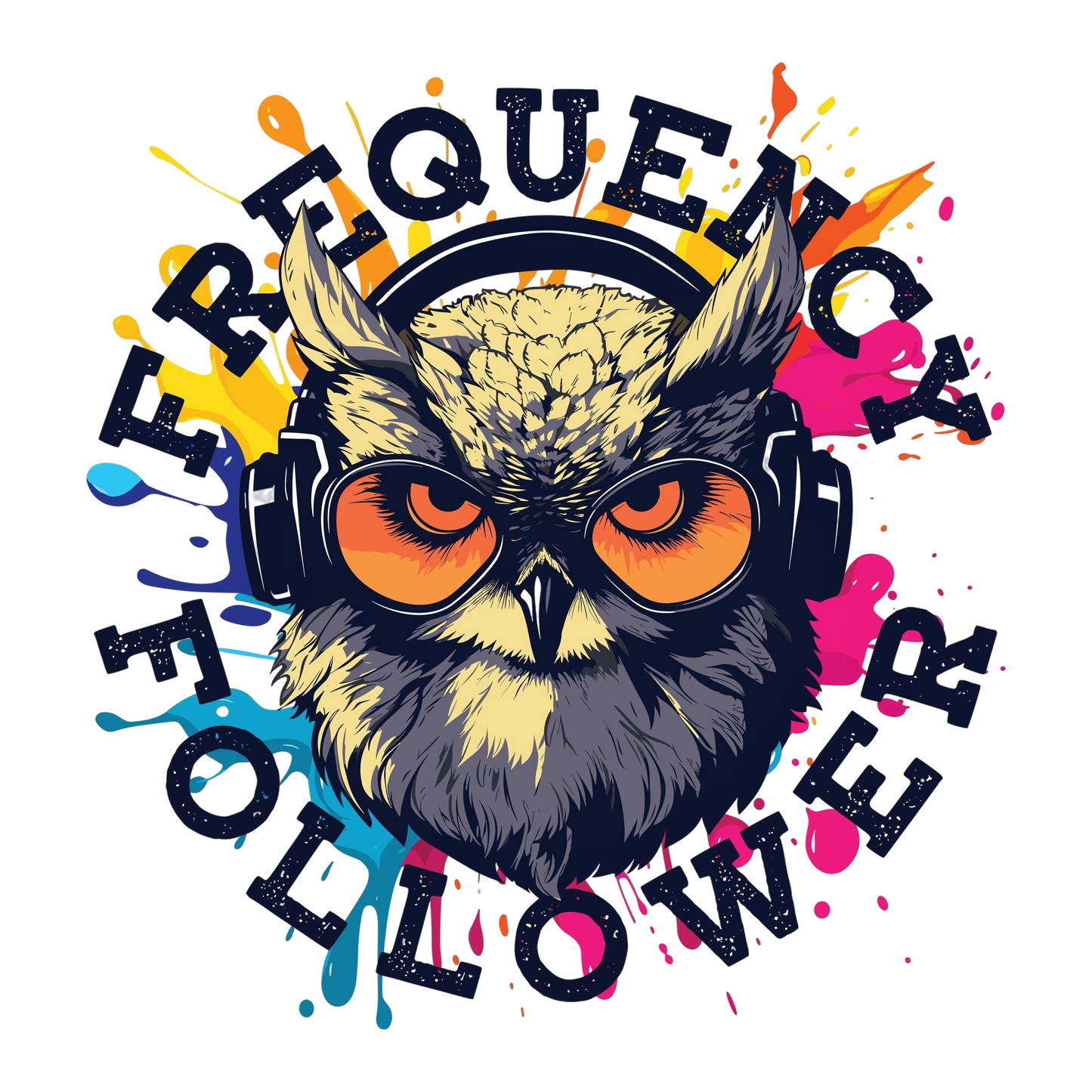 Tshirt or poster design with a owl listening to music on headphones